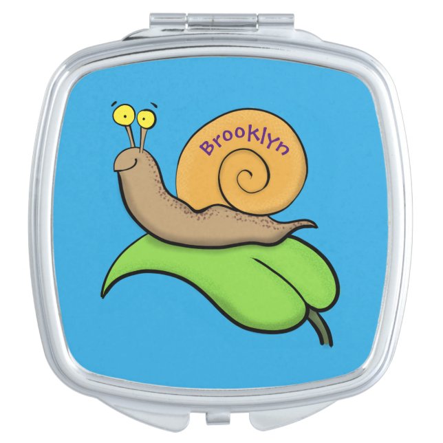 Cute, happy snail on a leaf cartoon illustration compact mirror (Front)