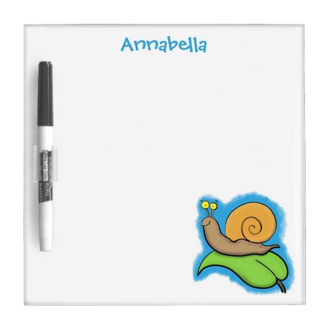 Cute, happy snail on a leaf cartoon illustration dry erase board (Front)