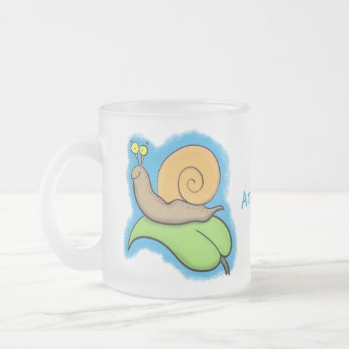 Cute happy snail on a leaf cartoon illustration frosted glass coffee mug