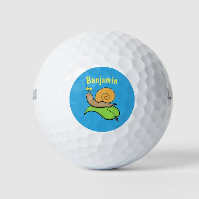 Cute, happy snail on a leaf cartoon illustration golf balls (Front)