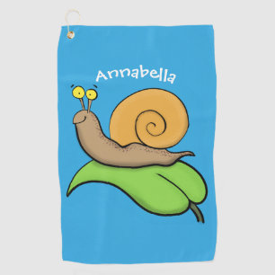 Cute, happy snail on a leaf cartoon illustration golf towel
