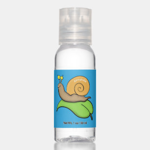 Cute, happy snail on a leaf cartoon illustration hand sanitizer
