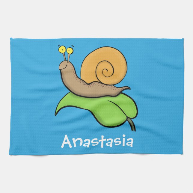 Cute, happy snail on a leaf cartoon illustration kitchen towel (Horizontal)