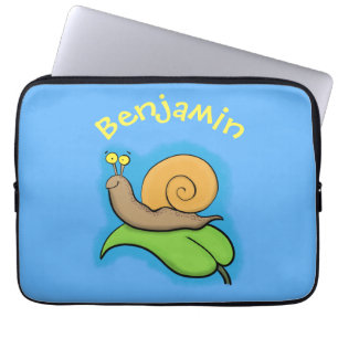 Cute, happy snail on a leaf cartoon illustration laptop sleeve