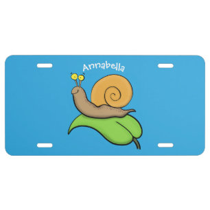 Cute, happy snail on a leaf cartoon illustration license plate