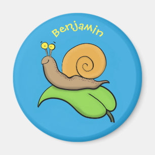 Cute, happy snail on a leaf cartoon illustration magnet