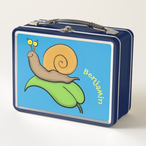 Cute happy snail on a leaf cartoon illustration metal lunch box