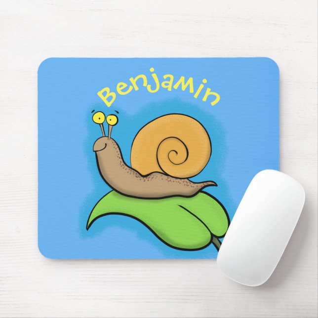 Cute, happy snail on a leaf cartoon illustration mouse pad (With Mouse)