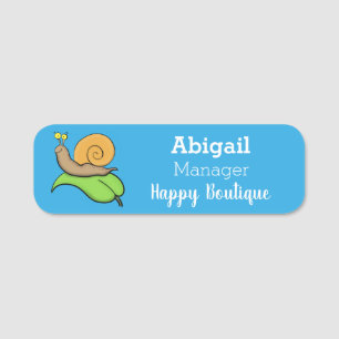 Cute, happy snail on a leaf cartoon illustration name tag