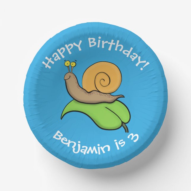 Cute, happy snail on a leaf cartoon illustration paper bowls (Front)