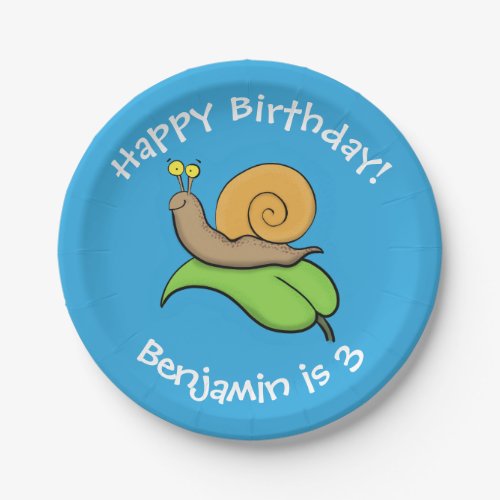 Cute happy snail on a leaf cartoon illustration paper plates