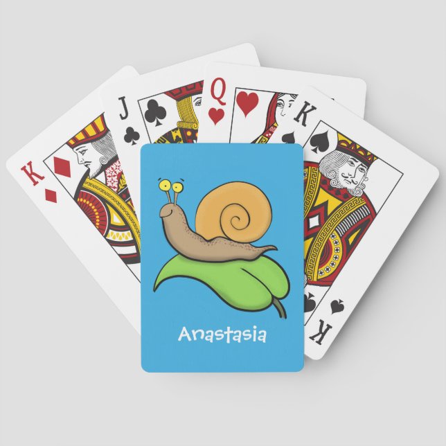 Cute, happy snail on a leaf cartoon illustration poker cards (Back)
