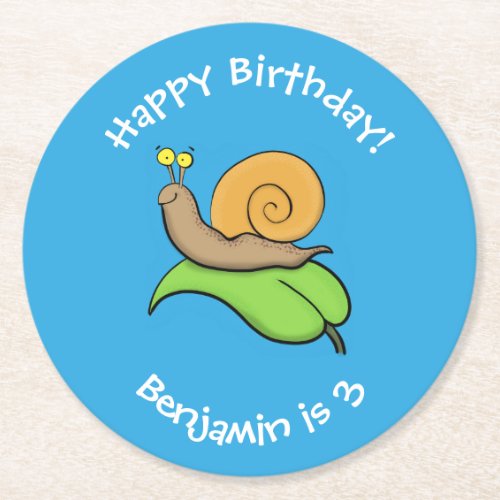 Cute happy snail on a leaf cartoon illustration round paper coaster