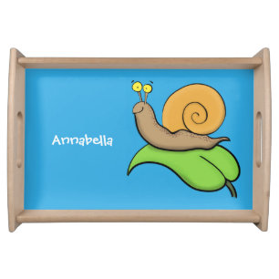 Cute, happy snail on a leaf cartoon illustration serving tray