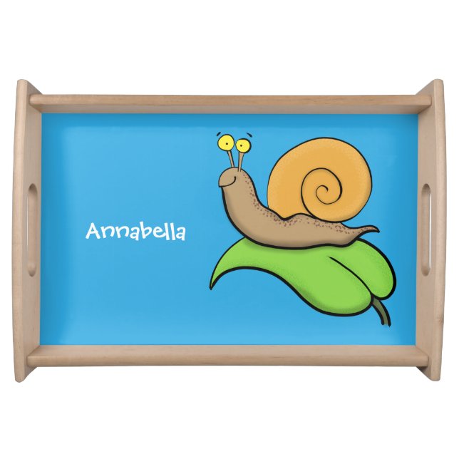 Cute, happy snail on a leaf cartoon illustration serving tray (Front)