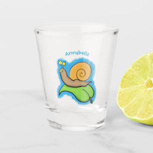 Cute, happy snail on a leaf cartoon illustration shot glass
