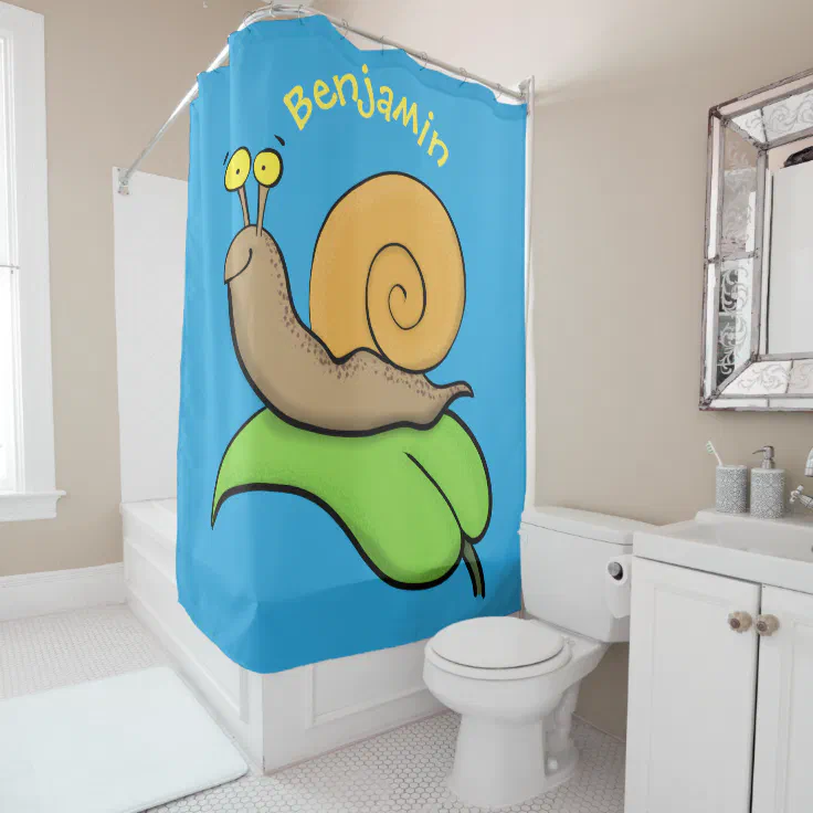 Cute, happy snail on a leaf cartoon illustration shower curtain Zazzle