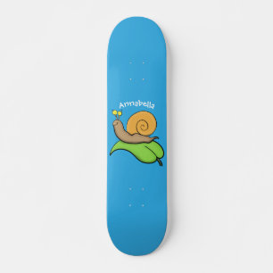 Cute, happy snail on a leaf cartoon illustration skateboard