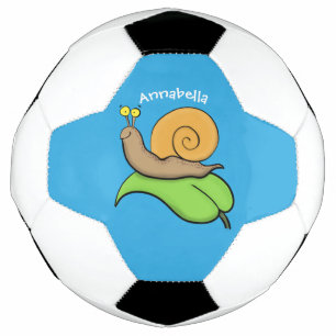 Cute, happy snail on a leaf cartoon illustration soccer ball