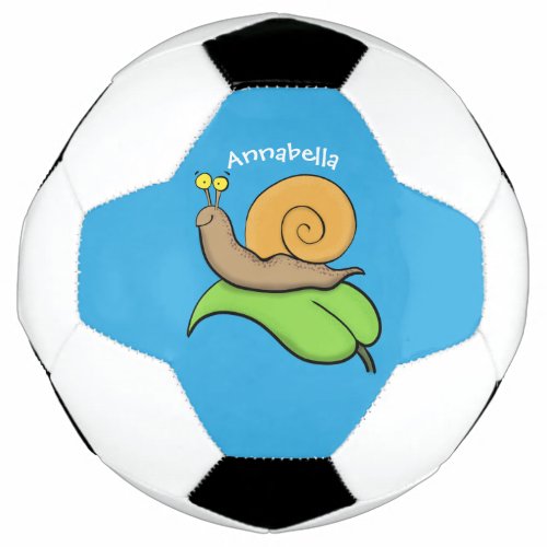 Cute happy snail on a leaf cartoon illustration soccer ball
