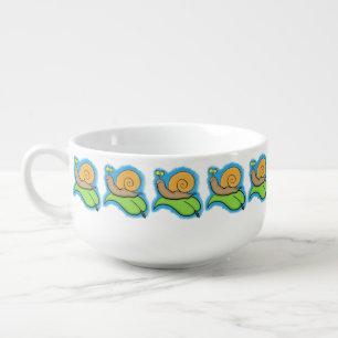 Cute, happy snail on a leaf cartoon illustration soup mug