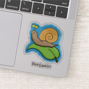 Cute, happy snail on a leaf cartoon illustration sticker