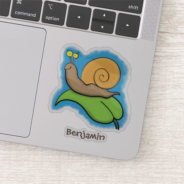 Cute, happy snail on a leaf cartoon illustration sticker (Detail)