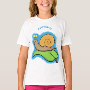 Cute, happy snail on a leaf cartoon illustration T-Shirt