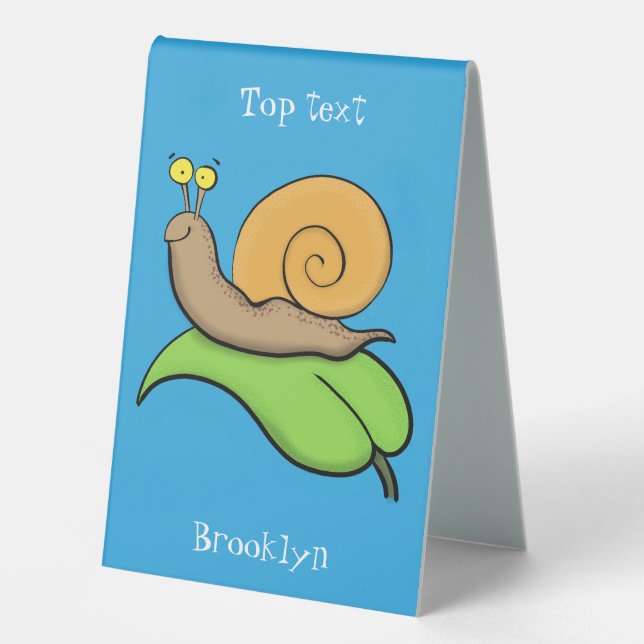 Cute, happy snail on a leaf cartoon illustration table tent (Front)