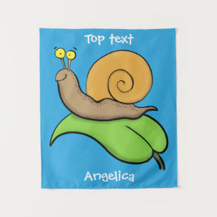 Cute, happy snail on a leaf cartoon illustration tapestry