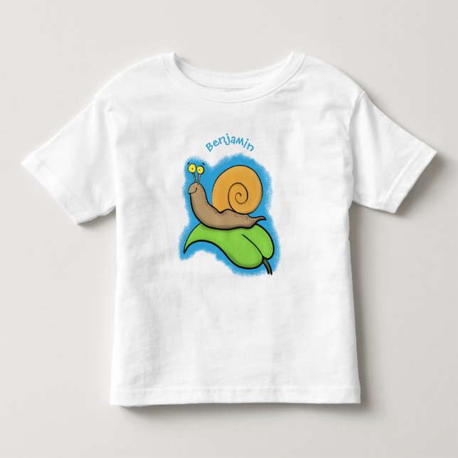 Cute, happy snail on a leaf cartoon illustration toddler t-shirt (Front)