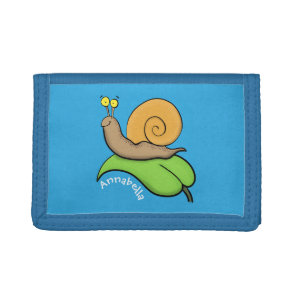 Cute, happy snail on a leaf cartoon illustration tri-fold wallet