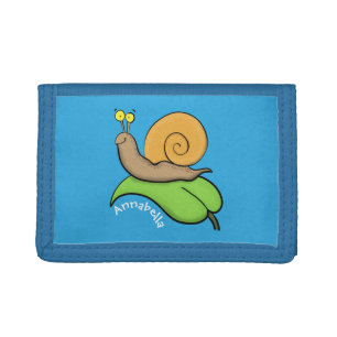 Cute, happy snail on a leaf cartoon illustration tri-fold wallet