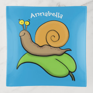 Cute, happy snail on a leaf cartoon illustration trinket tray