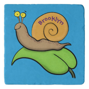 Cute, happy snail on a leaf cartoon illustration trivet
