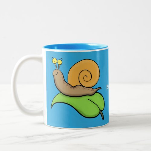 Cute happy snail on a leaf cartoon illustration Two_Tone coffee mug