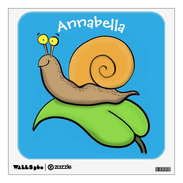 Cute, happy snail on a leaf cartoon illustration wall decal (Front)