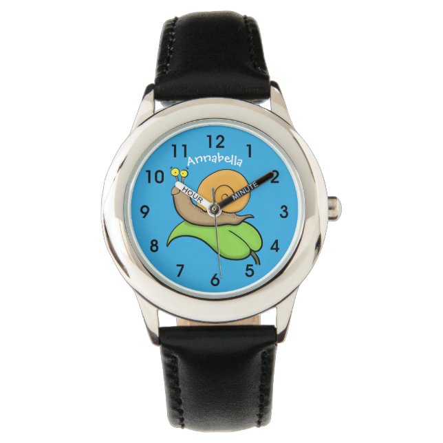 Cute, happy snail on a leaf cartoon illustration watch (Front)