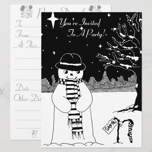 Cute happy snowman black and white christmas invitation (Front/Back)
