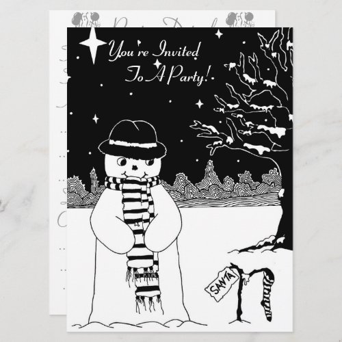 Cute happy snowman black and white christmas invitation