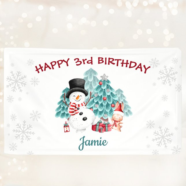 Cute Happy Snowman Christmas Birthday Party Banner (Cute Happy Snowman Christmas Birthday Party Banner)