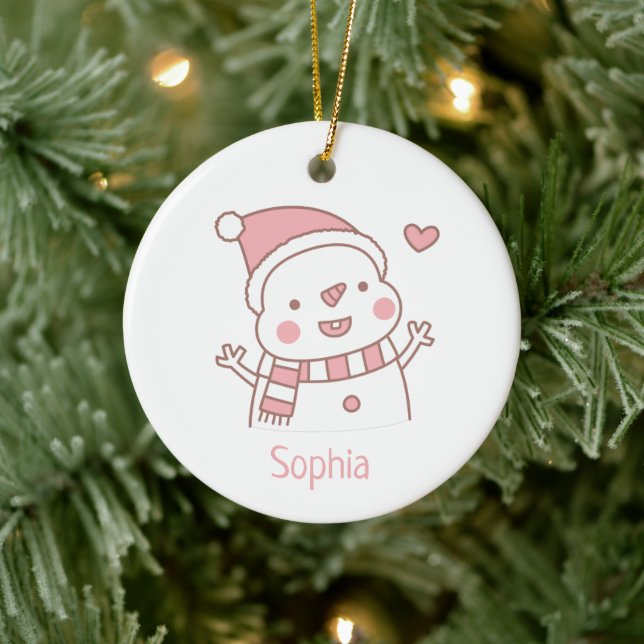 Cute Happy Snowman, Christmas Personalized Ceramic Ornament (Tree)