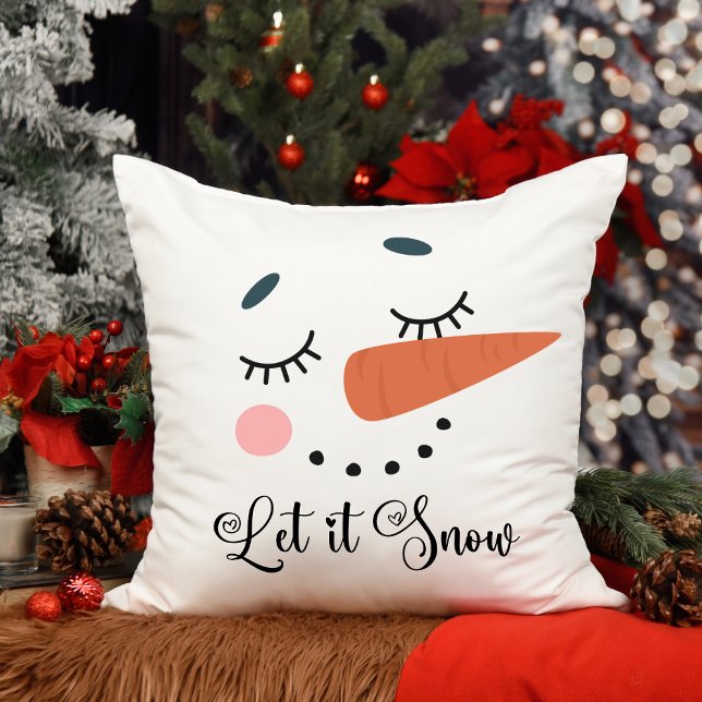 Cute Happy Snowman Face Let it Snow Holiday Throw Pillow (Creator Uploaded)