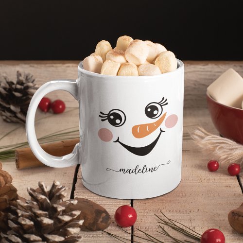 Cute Happy Snowman Face Name Script Calligraphy Two_Tone Coffee Mug