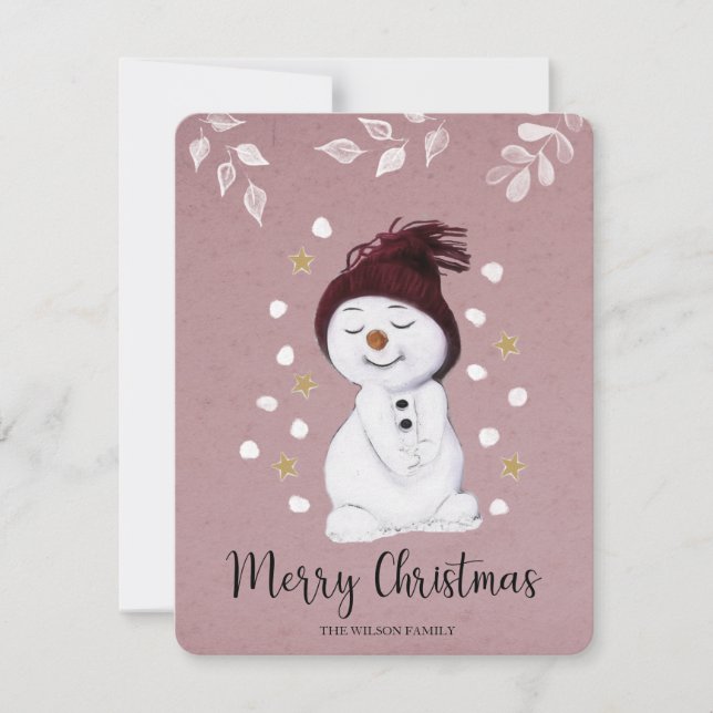 Cute Happy Snowman Pink Christmas Holiday Card (Front)