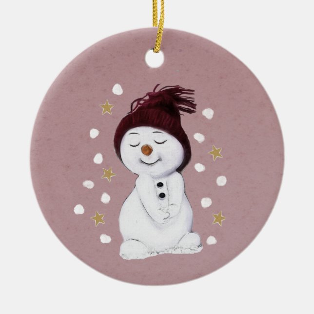 Cute Happy Snowman Pink Christmas Holiday Ceramic Ornament (Front)
