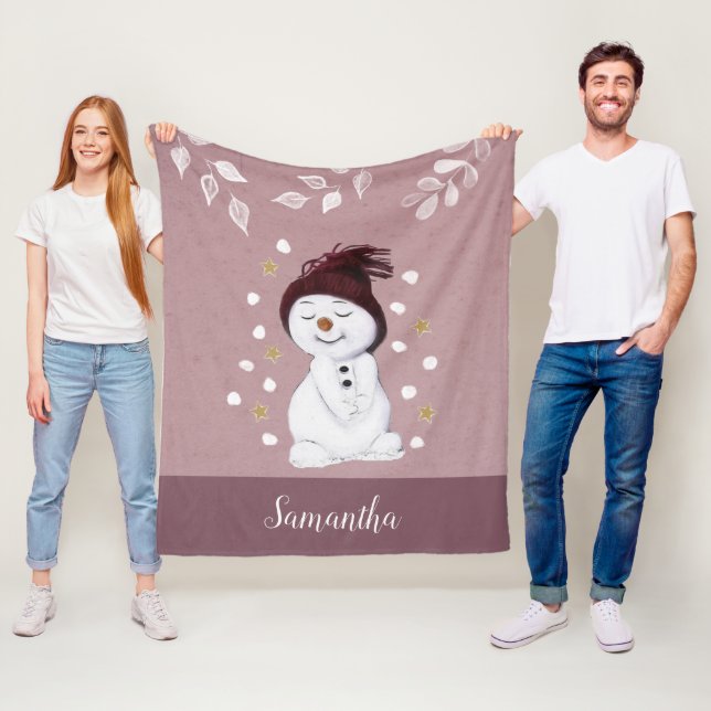 Cute Happy Snowman Pink Christmas Holiday Fleece Blanket (In Situ)