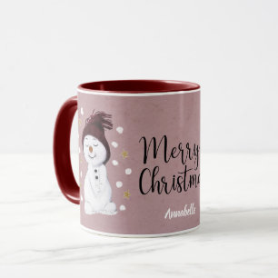 Cute Happy Snowman Pink Christmas Holiday Mug