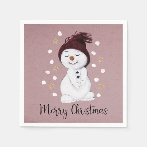 Cute Happy Snowman Pink Christmas Holiday Napkins