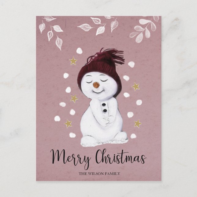 Cute Happy Snowman Pink Christmas Holiday Postcard (Front)